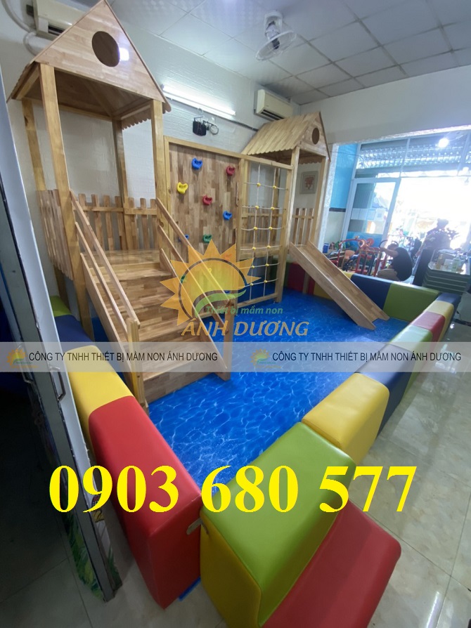 Cầu trượt liên hoàn gỗ, cầu trượt trẻ em, đồ chơi vận động